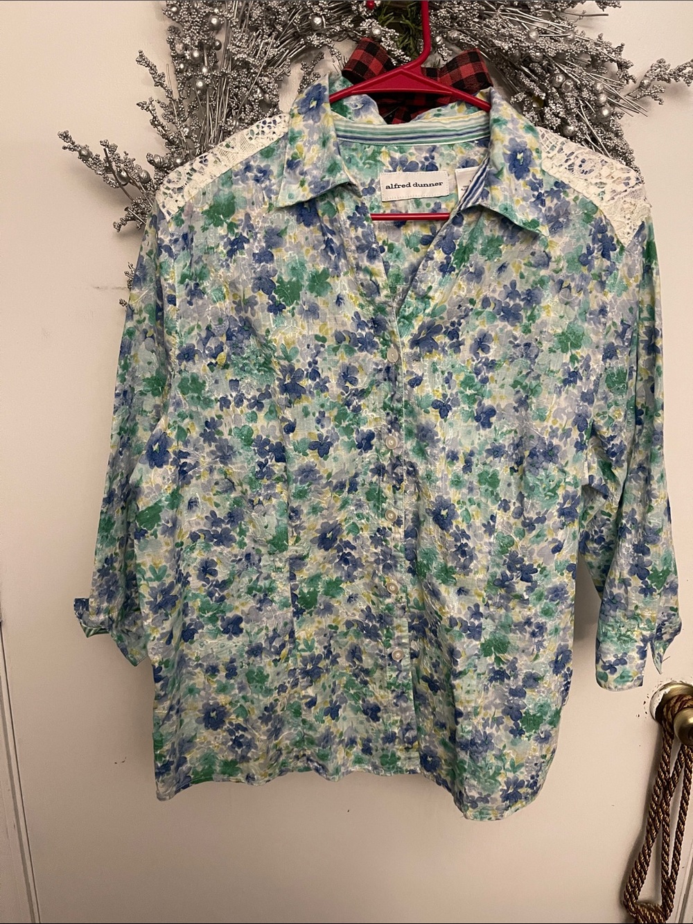 Alfred Dunner Blue and Green Floral Button-Down Shirt